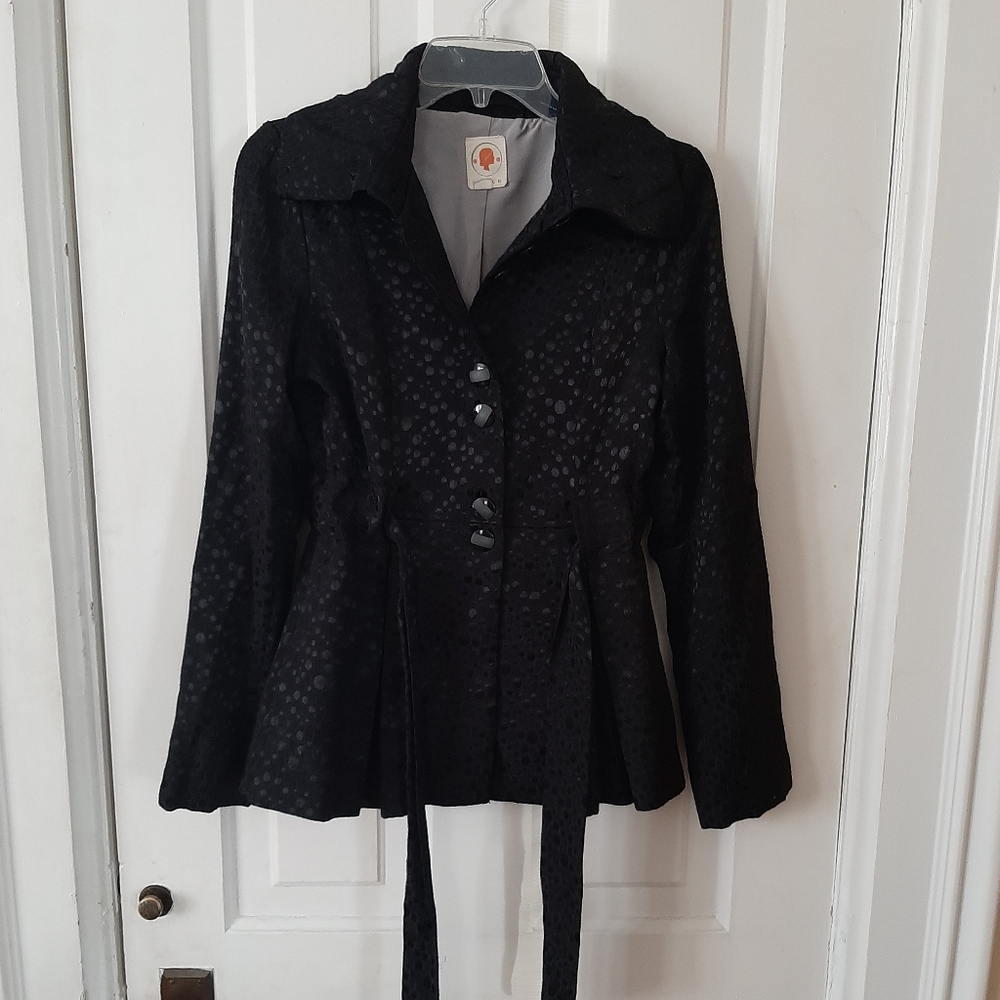TULLE Anthropologie Women's Black Belted Peplum Pleated Dot Jacket Coat Small